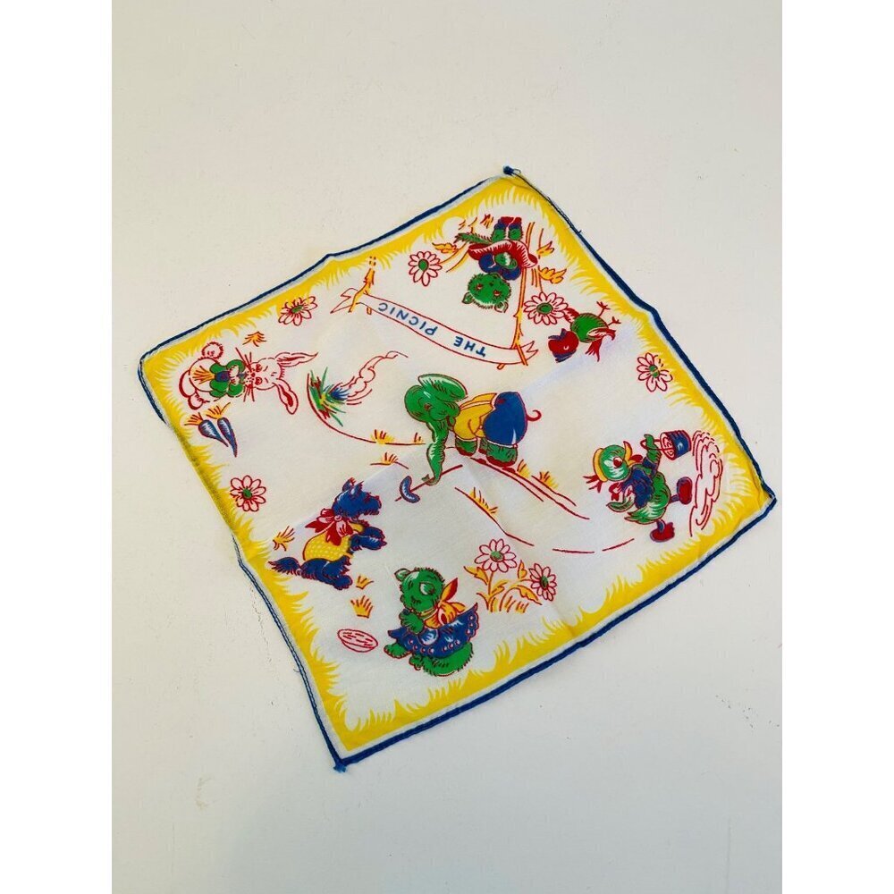 Vintage Child's Hankie from the 1940s, The Picnic Whimsical Novelty Print Hankie - Picture 5 of 8